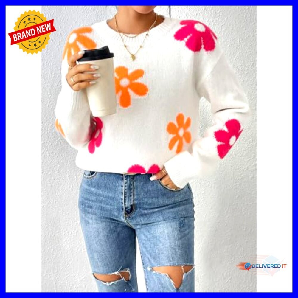 Oversized Floral Crewneck Sweater Vintage Y2K Pullover Long Sleeve - Picture 5 of 7